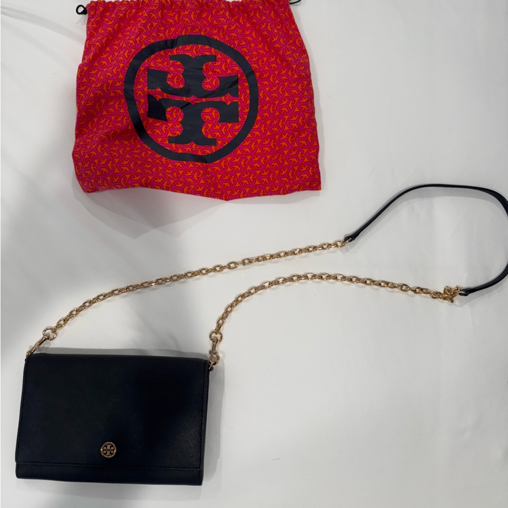 Tory Burch Black Bag with Gold Chain Strap and Cloth Dust Bag